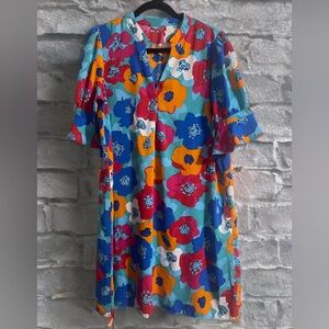 Colorful Floral Shift Dress L Flutter Sleeve Lightweight